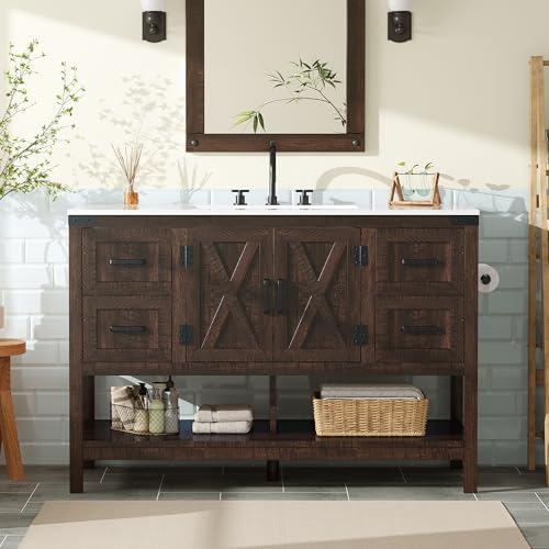 AMERLIFE 48” Farmhouse Bathroom Vanity with Sink, Freestanding Cabinet with