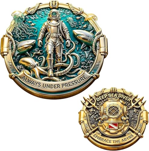5pcs Deep Sea Diver Commemorative Coin, Vintage Diver Collectible Coin, Funny Nautical Challenge Coin, Deep Sea Diving Maritime Artwork Coin for Divers Navy Veterans Collectors