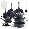 Ceramic Cookware Set 22 Piece Nonstick Pots and Pans Set Non Stick Kitchen Cooking Sets 8″Frying Pans with Lid,Black Granite Non-Toxic Induction Kitchen Cookware w/Glass Lids PFOS/PFOA-Free