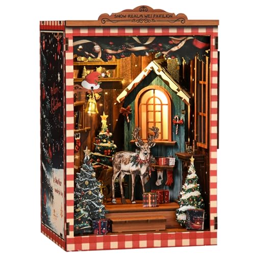Reenovan Christmas Book Nook Kit DIY Miniature House with LED Snowy Winter Scene Bookshelf Decor 3D Wooden Puzzle Craft Gifts for Adults Teens Beginners (Snow Pavilion)