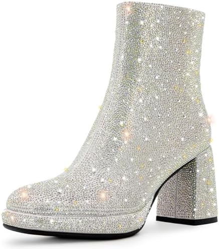 Rhinestone Boots For Women Chunky Block Heeled Sparkly Platform A...