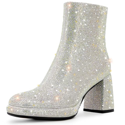 Rhinestone Boots For Women Chunky Block Heeled Sparkly Platform Ankle Booties Glitter Shoes Wedding Bride