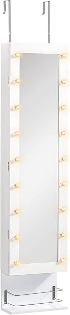 HOMCOM Jewellery Storage Mirror Cabinet Wall Mounted or Door Hanging w/ Hooks Shelves Drawer 18 Lights Brush Holder Vanity Makeup White