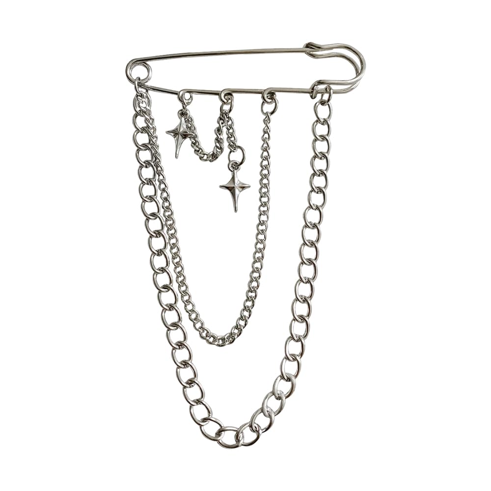 Safety Pin Brooch with Hanging Chains Charms Decorative Punk Goth Collar Brooches Pin for Sweater Dress Skirt Tie Pins Emo Pins