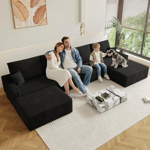 Image of Oversized Modular Sectional Sofa Couch, Large 6 Seater Corner Sofa Modern U Shaped Sectional Couch with Ottoman Cloud Couches for Living Room, Office, Spacious Space, Corduroy, No Assembly, Black