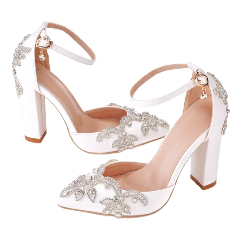 sexytag Crystal Embellished Block Heels Ankle Strap Wedding Shoes for Bride