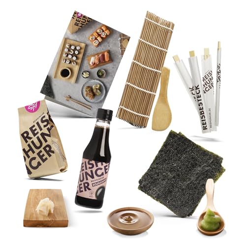 Reishunger Sushi Einsteiger Box inkl. Rezeptkarte – Komplett-Set mit original Japanischen Zutaten: Sushi Reis, Bambusmatte, Sojasauce, Nori Algen, Wasabi, Ingwer, Essstäbchen