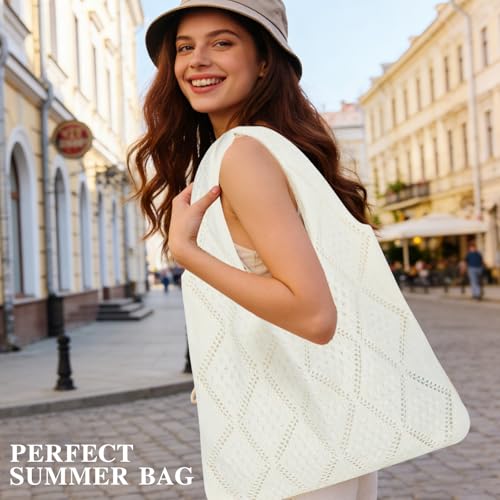 Allhero Crochet Beach Tote Bag, Aesthetic Mesh Tote Bag Hippie Bag Knit Bag, Summer Beach Bag for Women — view 3