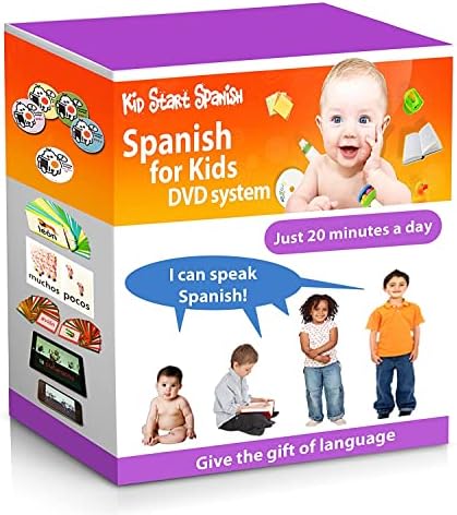 SPANISH FOR KIDS: Early Language Learning System (Spanish in just 20 minutes) Kid Start Spanish - 4 DVDs + Music CD + Large Book + 50 Flashcards + Games + Apps included.