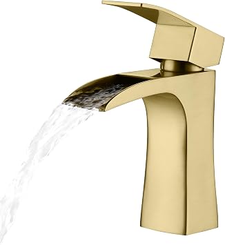 Bathroom Sink Mixer Taps, Waterfall Taps for Bathroom Sink, Square Modern Cloakroom Faucet, Stainless Steel Basin Mixer Tap with UK Standard Hoses Brushed Gold