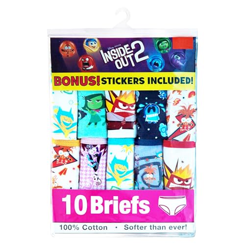 Disney Girls' Inside Out 2 Exclusive 10-Pack 100% Combed Cotton Panties Underwear in Sizes 4-82