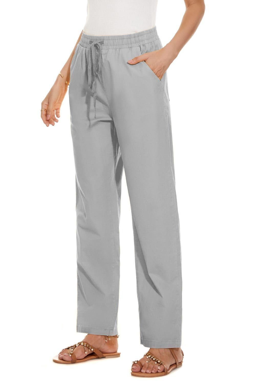 Womens Casual Elastic High Waisted Work Pants Cotton Straight Leg Drawstring Trousers