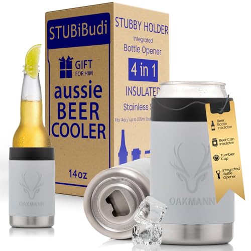 OAKMANN Stubby Holder Beer Cooler & Bottle Opener, Tumbler Cup is 4-in-1 Stainless Steel Insulated Can Cooler & Bottle Holder fits Bottles Cans up to 375ml, Ultimate Beer Gifts for Men (Mist Grey)