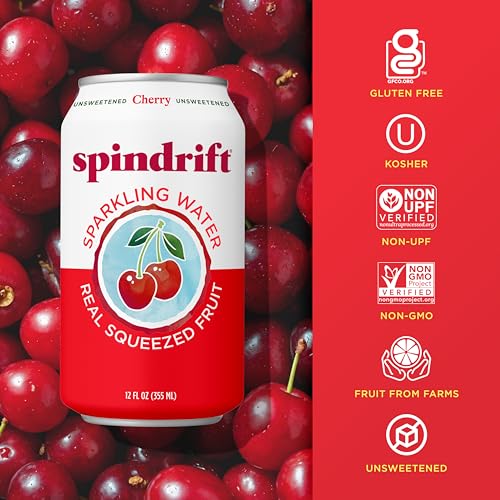 Image of Spindrift Sparkling Water, Cherry Flavored, Made with Real Squeezed Fruit, 12 Fl Oz Cans, Pack of 24 (Only 21 Calories per Can)