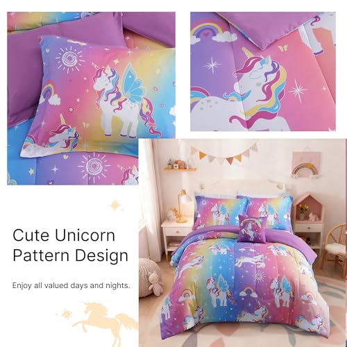 Twin Comforter Set for Girls -3 Pieces Rainbow Unicorn Twin/Twin XL Bedding Set with 1 Comforter, 1 Decor Pillow, 1 Pillow Sham