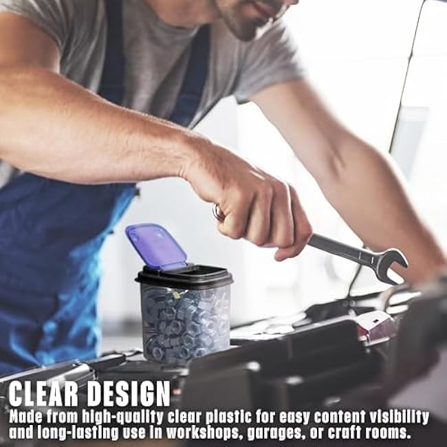 Buddeez Multi-Purpose Hardware Storage Bins Bits and Bolts Small Storage Containers, Hardware Organizers, Clear Containers With Blue Stackable Lids, Bolt and Screw Organizer (1 Quart - 12 Pack)