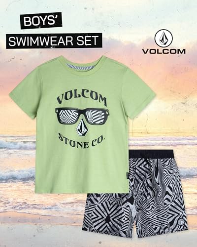 Image of Volcom Baby Boys Swim Set - 2 Piece Short Sleeve Swim Shirt Graphic Tees & Board Shorts - Infant Toddler Little Boys Swimsuit