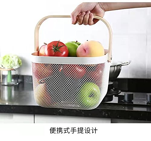 Hojkma 2 Pack Mesh Steel Storage Organizer Basket, Multi-Functional Metal Wire Hanging Kitchen Baskets Fruit Basket With Wood Handle Ideal For Kitchen, Bathroom, Pantry, Cabinet Home, White #TOP7