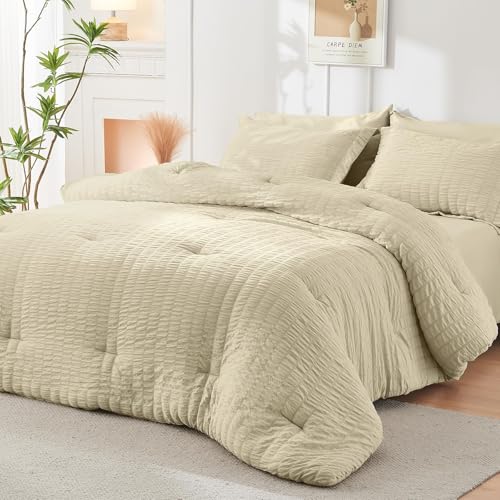Image of HYMOKEGE Oatmeal Full Size Comforter Sets Seersucker 7 Pieces, All Season Luxury Bed in a Bag for Bedroom, Bedding Set with Comforter, Sheets, Pillowcases & Shams
