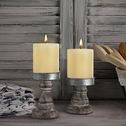 Distressed Wood & Metal Candle Holder, Set Of 2 Modern Farmhouse Candlestick Holder, Farmhouse Table Decor, Rustic Decor For Mantel, Dining Table, Coffee Bar Centerpiece #TOP4