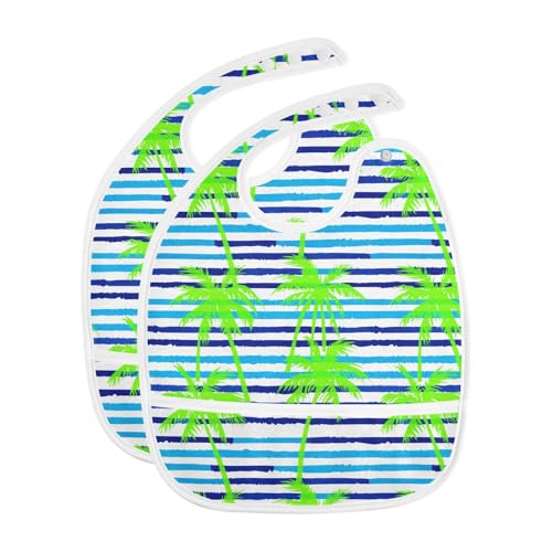 MCHIVER Coconut Tree Stripe Blue Baby Bibs for Toddler Boy Girl Waterproof Feeding Bib Apron with Food Cather Adjustable Cotton Food Eating Bib 2 Pack