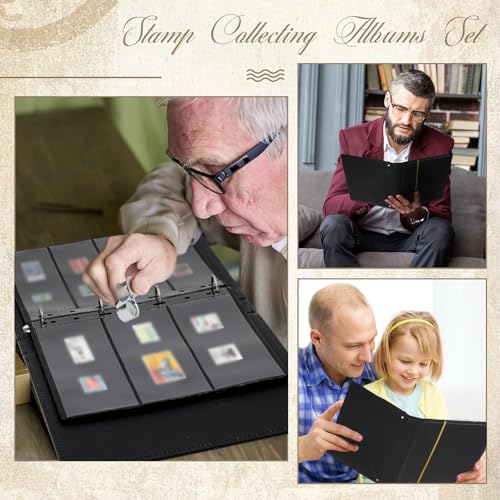 Image of Stamp Collecting Album Binder Kit for Collectors, 1 /2 /3 /4 Rows Banknotes Storage Book with 20 Stamp Pages, 4 Ring Binder, Tweezers and Magnifier, for Paper Money Bill Postage, Beginner Hobbyists Gift