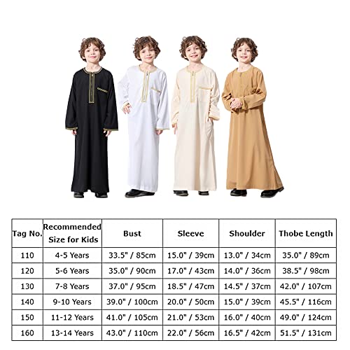 Imekis Kids Thobe For Boys Muslim Arab Boy's Islamic Dress Thobes Youth Long Sleeve Kaftan Embroidered Robe Arabic Full Length Solid Color Embroidery Prayer Clothes With Pockets White 4-5T #TOP6