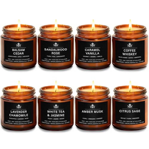 8 Pack Soy Wax Scented Candle Set - Lavender Chamomile, Citrus Sage, Amber Musk, Balsam Cedar, Coffee Whiskey - Long Lasting Aromatherapy Candles, Unisex Home & Gift Set