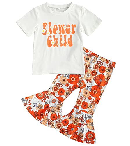 Toddler Baby Girl Birthday Outfit Two Groovy Letter Shirt Sunflower Bell Bottoms Flare Pants Headband Boho Clothes Set (Orange White, 4-5 Years)