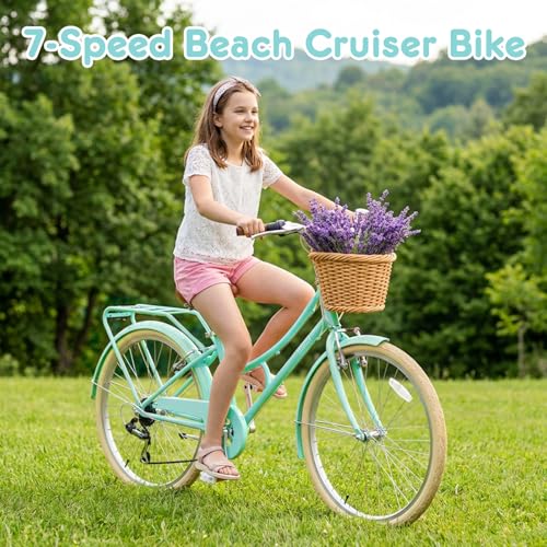 Image of XJD 20 24 26 Inch Girls Bike, 7-Speed Beach Cruiser Bike for Girls Youth and Over 6 Years Old, Kids Bicycles with Dual V-Brakes Rear Rack & Wicker Basket