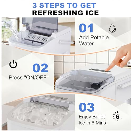 Image of NEWBULIG Ice Makers Countertop with Handle, Portable Ice Machine, 9 Bullet Ice Cubes in 6 Mins, 26lbs in 24Hrs, Auto-Cleaning, with Basket and Scoop, for Home, Kitchen, RV, Camping,White