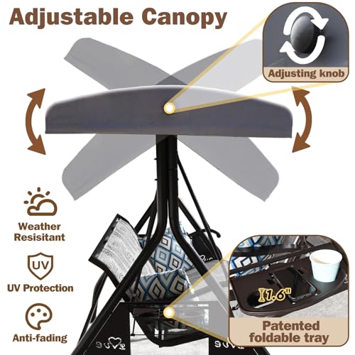 Image of ZZW 3 Person Patio Swing Outdoor Swing for Adults with Adjustable Canopy &Upgraded Cup Holders Textilene Fabric Porch Swing Chair with Stand Heavy Duty 800 LBS