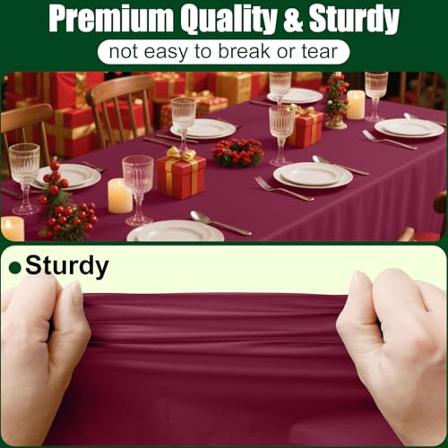 Image of Smiry Disposable Table Cloth - 12 Pack, 54 x 108 Inch Waterproof Rectangle Tablecloths for Parties, Decorative Plastic Table Cover, Leakproof & Sturdy, Wine Red