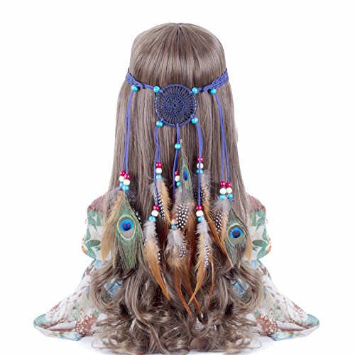 Hippie Headband Feather Dreamcatcher Headdress - AWAYTR Boho Feather Headwear Feather Headpiece Hippie Peacock Feather Festival Hair Band (Blue)