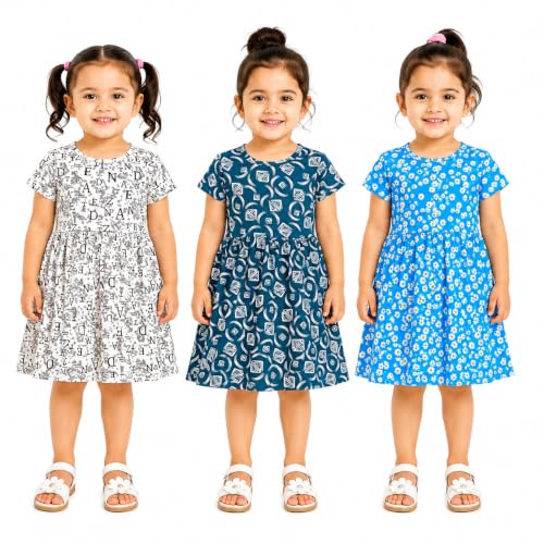 Image of Kids 3 Combo Cotton Frock for Girls | Multicolour Knitted Summer Dress | Below Knee Baby Girl Dress with Round Neck & Cup Sleeves (Random Colours)