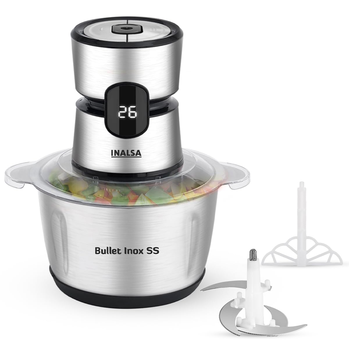 INALSA Bullet Inox SS Electric Chopper|Digital Display|500W Powerful Motor|2L 304 Stainless Steel Processing Bowl| 4Layer SS Blades With Spatula|High-Performance Chopping|2-Yr Warranty