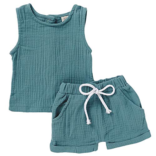 GRNSHTS Infant Baby Boys Girls Summer Shorts Set Unisex Linen Tank Top+Solid Color Short Pants 2Pcs Clothes (Green, 2-3 Years)