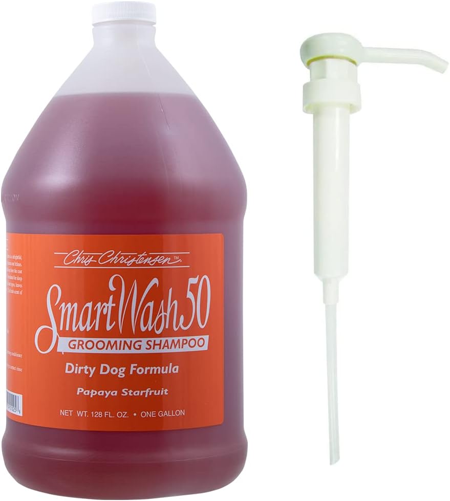 Chris Christensen Gallon Liquid and Gallon Pump Dispenser Bundle- SmartWash50 Papaya Starfruit Ultra Concentrated Dog Shampoo, Suitable for all Coats + Gallon Pump Dispenser, Easily Dispenses, No Mess