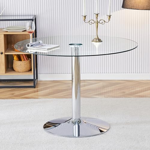HiHomely Modern 39.7 Inches Circular Glass Dining Table with Electroplated Silver Metal Legs – Minimalist Design for Restaurants, Living Rooms – Model W1151s01504