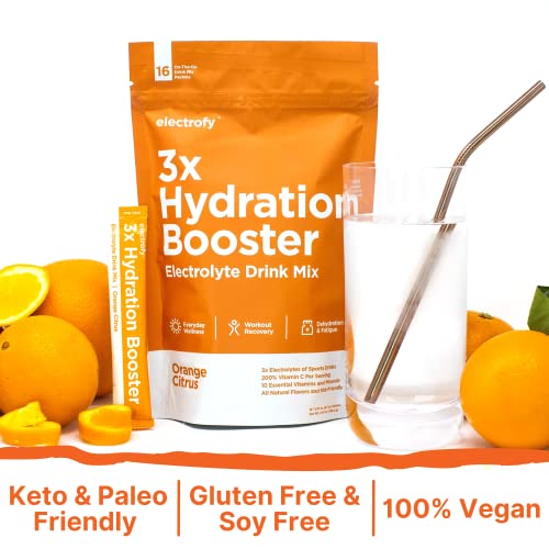 Electrofy 3X Hydration Booster | Keto Electrolyte Drink Powder Stick Packets Recovery Mix Hydration Multiplier | Paleo Friendly, Vegan, Gluten Free, Soy Free, Dairy Free | (Orange Citrus, 16 Pack) #TOP4