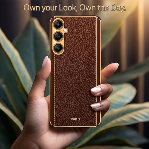 Image of Vaku Luxos Luxemberg Back Cover Case for Samsung Galaxy A14 5G with Leather Pattern Design Gold Electroplated Soft TPU Cover| Shockproof Protective Case - Brown