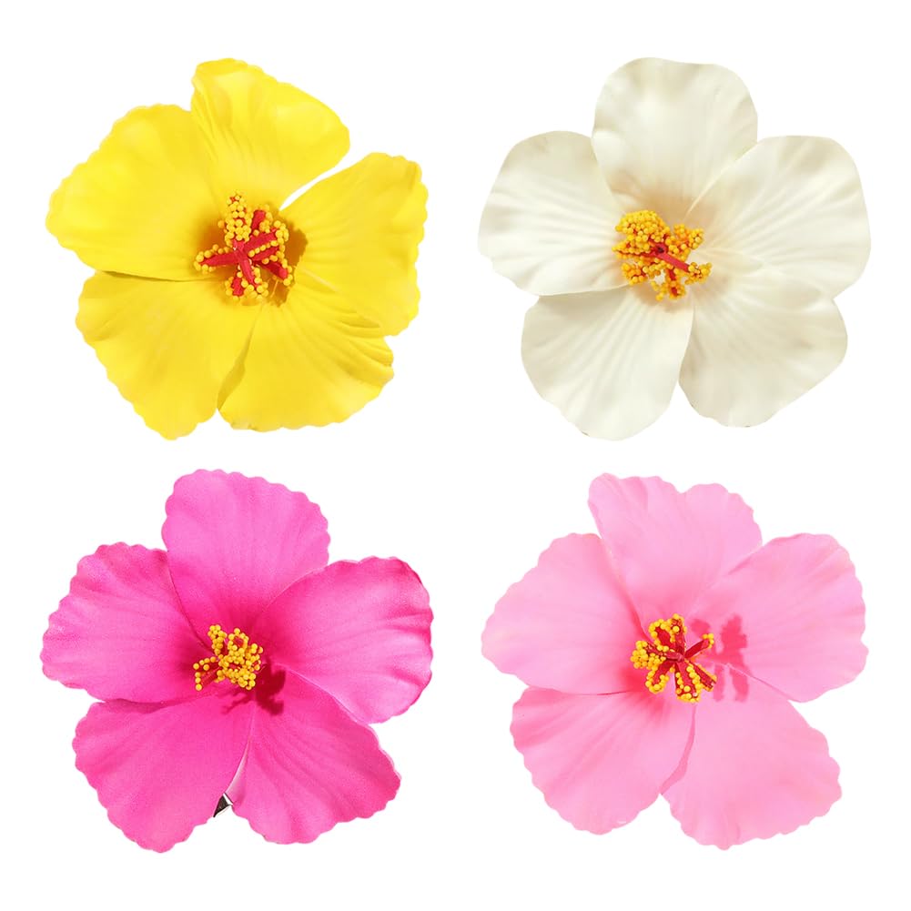 HugeDE 4 Pcs Hawaiian Flower Hair Clips Artificial Floral Hairpins Plumeria Hibiscus Hair Barrettes Non Slip Bridal Wedding Clips Beach Party Headpieces for Women Girls Yellow White Pink Rose