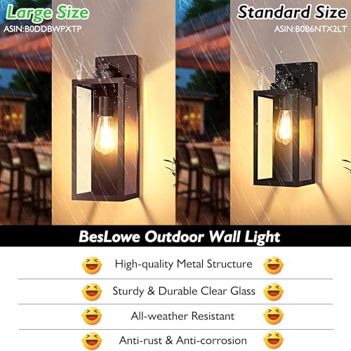 Image of BesLowe 15 inch Large Outdoor Wall Light Fixture, Exterior Porch Sconce, Brown | Waterproof, Rust-Resistant, Durable Metal with Clear Glass, Standard E26 Socket, Easy to Install