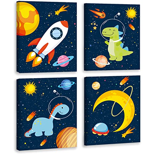 Image of KAIRNE Outer Space Dinosaur Room Decor,Solar System Stars Wall Canvas Poster,Set Of 4 (12X16inch,framed) Planet Astronaut Art Print,Rocket Decor for Boys Room Toddler Kids Room Classroom Space Decor
