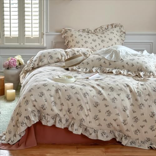Image of BuLuTu Chic Shabby Vintage Floral Duvet Cover Twin for Kids Girls Boys 100% Cotton Muslin Ruffled Quilt Cover Twin Comforter, 68 inchx86 inch, Soft Breathable, Zipper Closure, No Pillowcase
