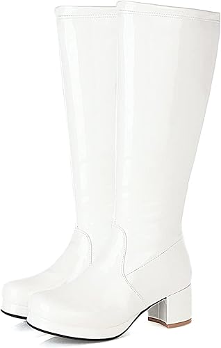 CELNEPHO Botas altas hasta la rodilla para mujer, punta redonda, tacón medio, delgado, grueso, plataforma, disfraz, botas Go Go para Navidad