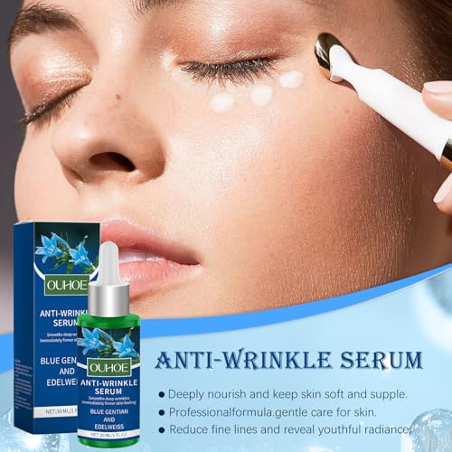 Blauer Enzian Set 3 Stück, Bio Festigende Tagespflege, Bio Anti Falten Serum und Anti Falten Augenpflege & Lippenpflege, mit Edelweiß, Anti Aging Creme Frauen, für Alle Hauttypen