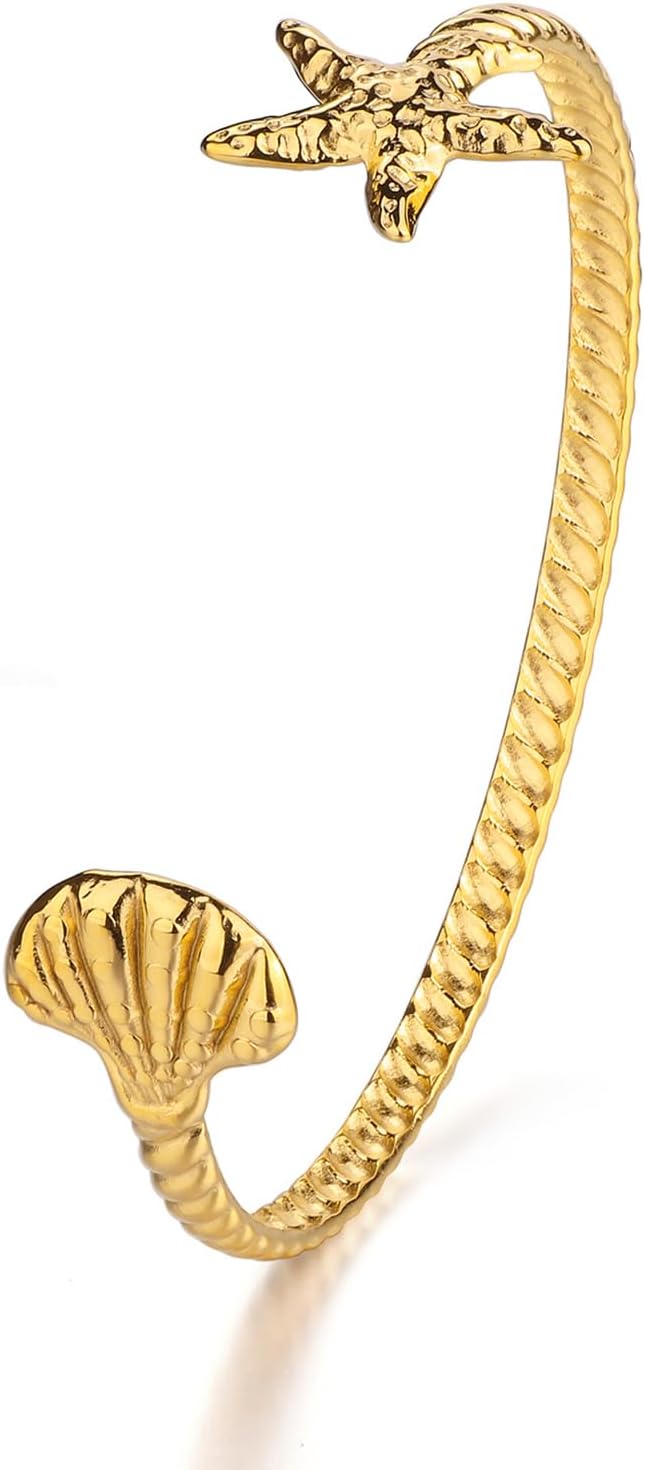 Open Cuff Bangle Bracele Chunky Butterfly/Flower/Coral Reef Lightweight Bamboo Conch Crab Starfish Shell Cuff Bracelet Gift for Women