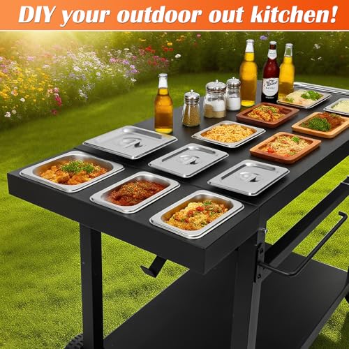 Image of Black Cast Iron 2-Shelf Grill Cart with Wheels,Heavy Duty Pizza Oven Stand for Blackstone Ninja,Outdoor Cooking Station with Durable Tabletop