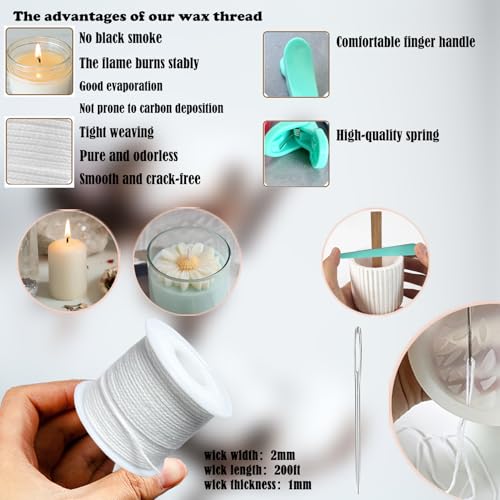 Image of TYMKLMZG Candlewick Needle Kit with Candle Wick Trimmer 7 inch,Mold Hook Punch Needle with Hook & Eye for Inserting Wick,Big Hole Long Needle,Candle Wick Roll 200 Ft 24 Wick Spool,Threader,Wick Holders